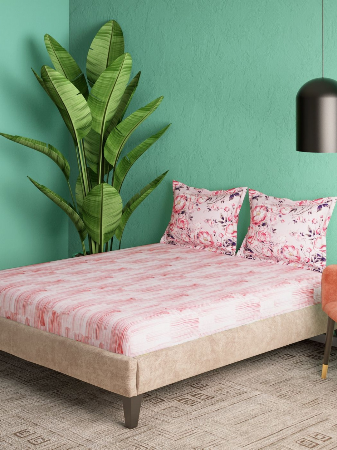 Portico Urban oasis Peach-Colored Abstract Cotton 164 TC King Bedsheet Set-2.74mX2.74m