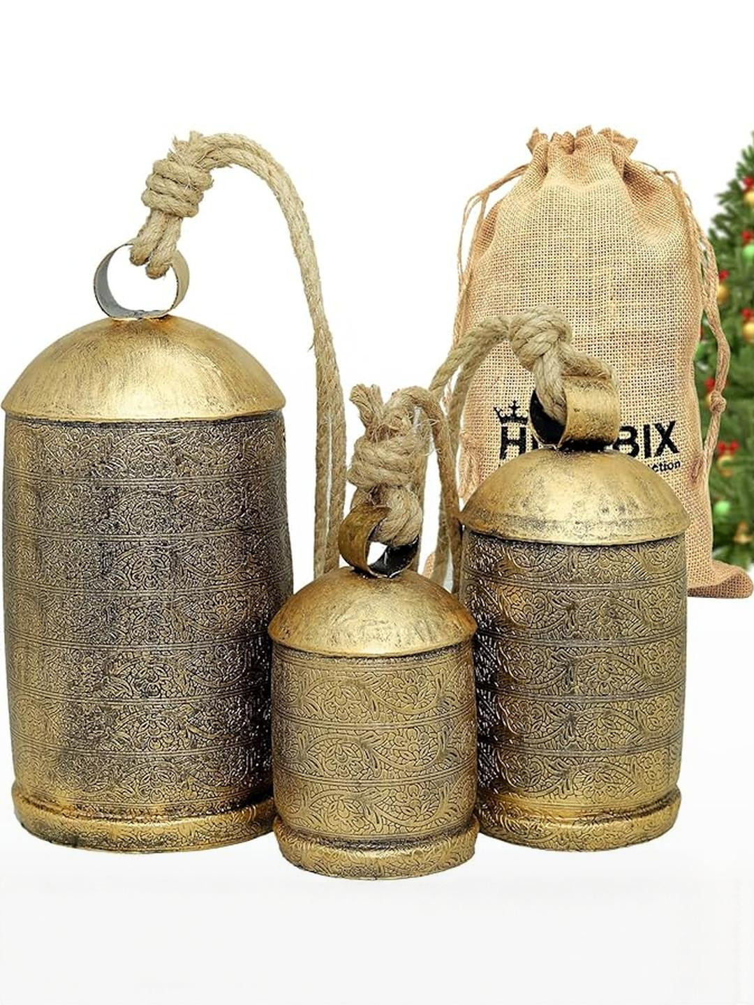 Set of 3 Vintage Brass-Finish X-Large Rustic Cow Bells  Handmade Decorative Metal Bells