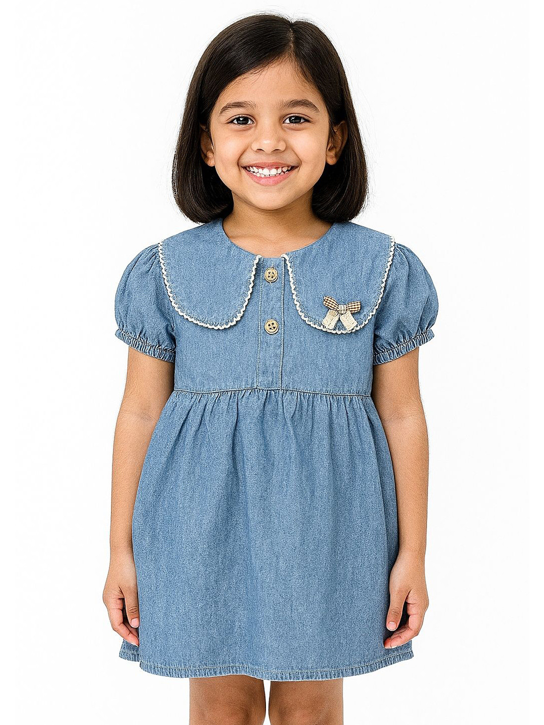 POP STREET KIDS Girl's Peter Pan Collar Puff Sleeve A-Line Dress