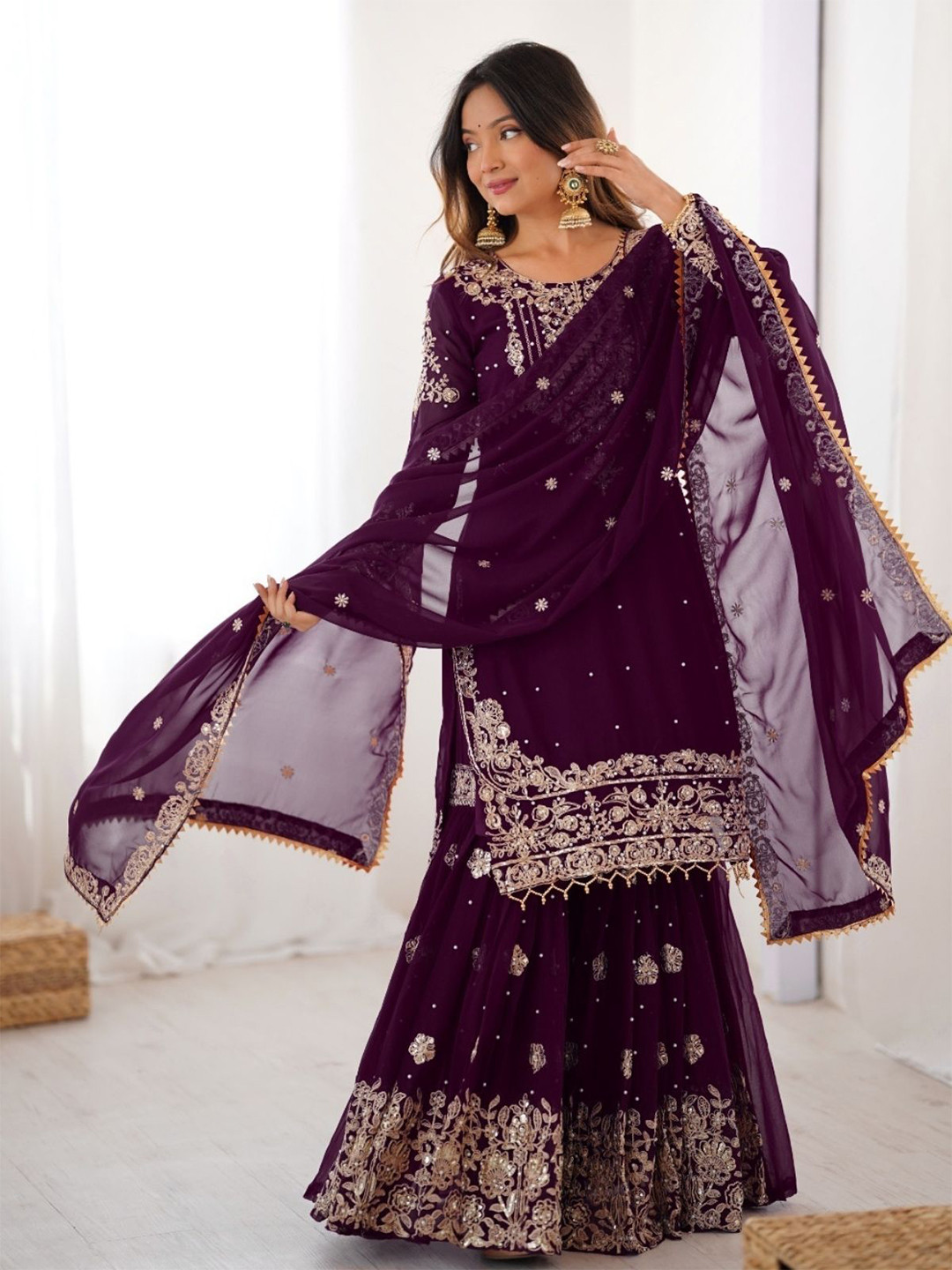 ODETTE Women Ethnic Motifs Embroidered Regular Thread Work Kurta with Sharara & Dupatta Set