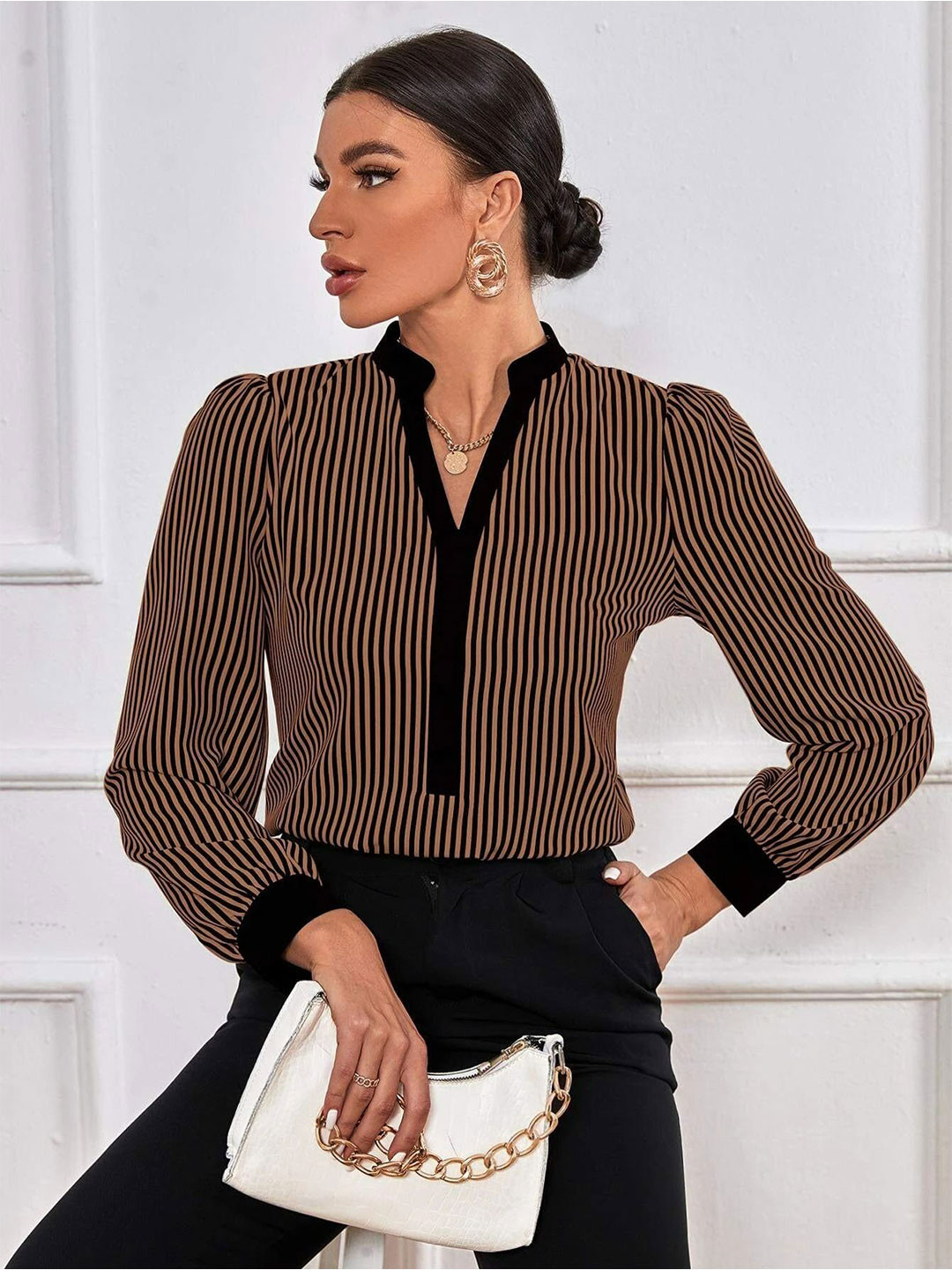 Stylecast X Slyck Striped Pattern Mandarin Collar Puff Sleeves Top