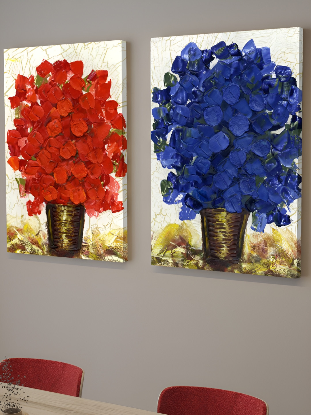 Myntra Elegant Homes Set of 2 Piece Canvas Red & Blue Floral Print Wall Paintings