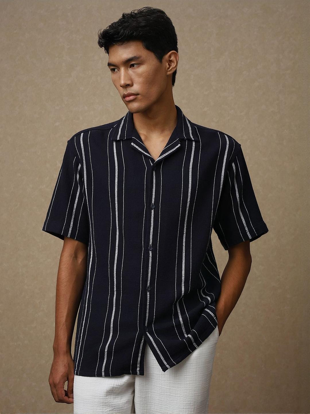 4 TRIPLE O FIVE O BY MUFTI Textured Striped Cuban Collar Oversized Casual Cotton Shirt