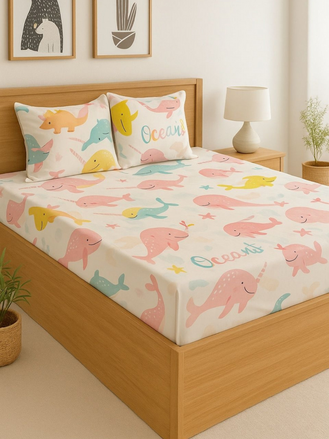 INDHOME LIFE Kids Cream-Coloured 220 TC King Bedsheet with 2 Pillow Covers