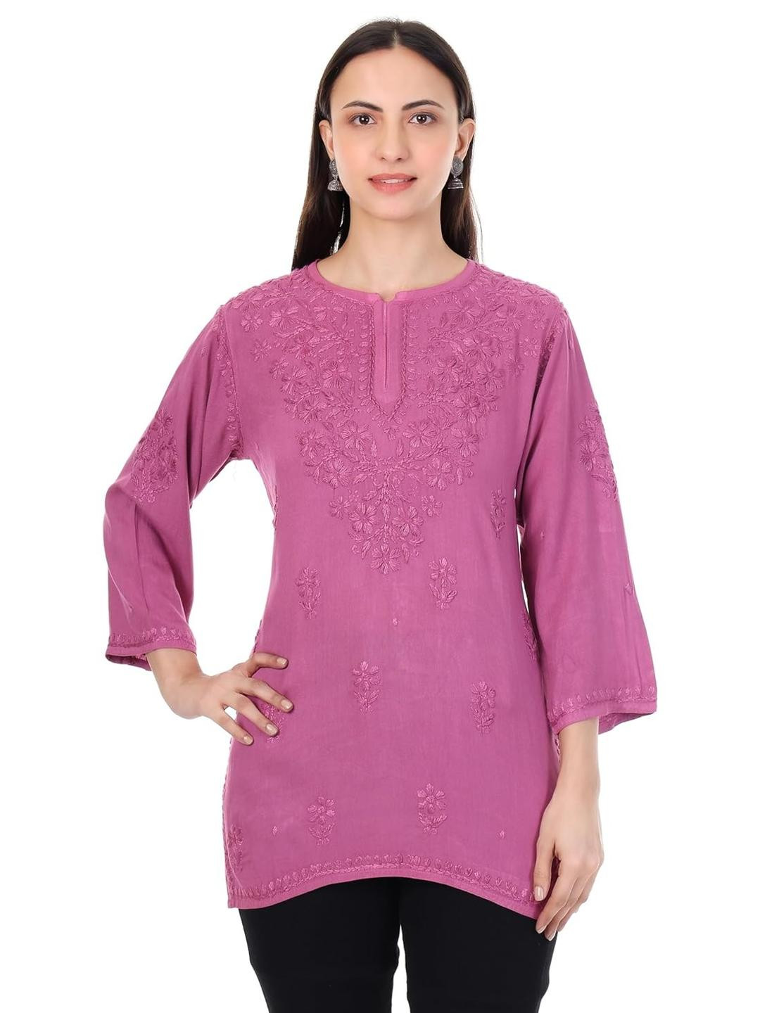 MALABIS Women Purple Viscose Rayon Three Quarter Sleeves Embroidered Top