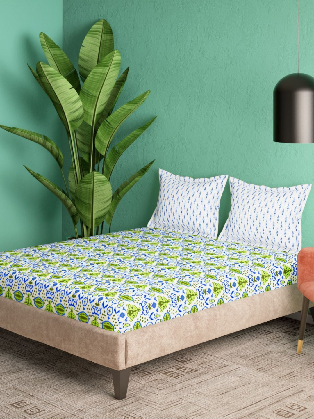 Portico Sparkling Spaces Green Floral Cotton 144 TC Super King Bedsheet Set-2.74 mX 2.74m