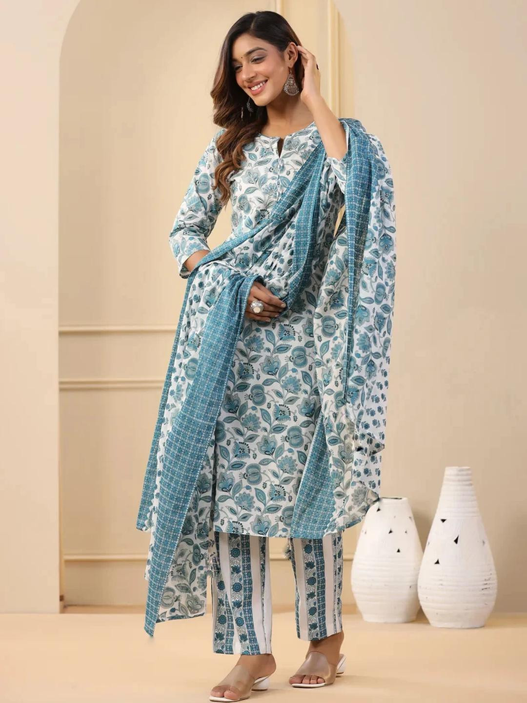 Assume Fab Women's Floral Printed Kurta with Trouser and Dupatta