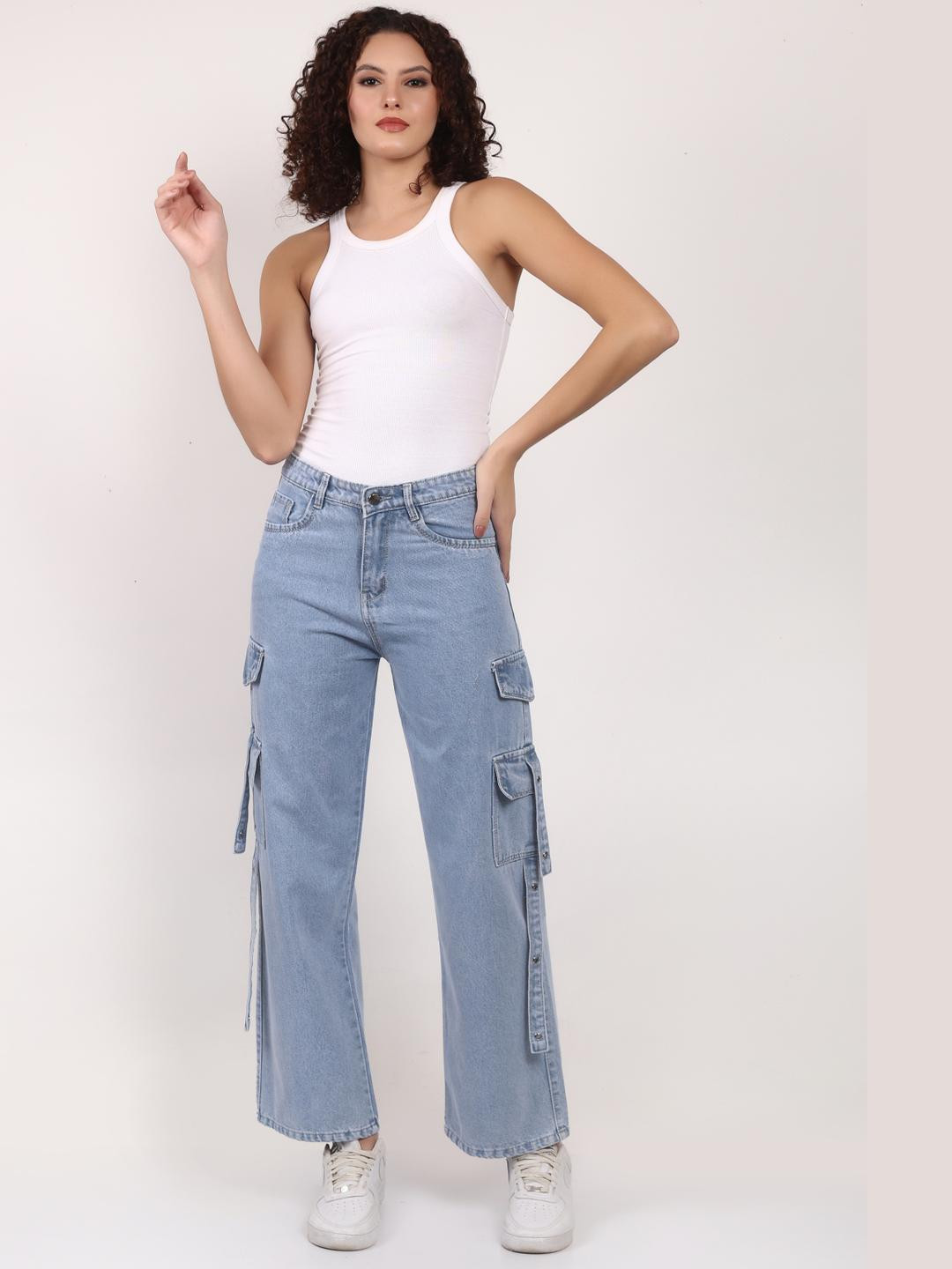 Womens Blue Colour Wide Leg High-Rise Cargo Denim Jeans