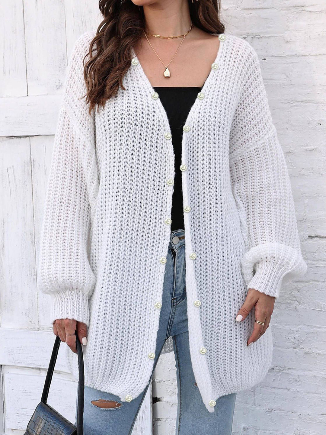 bebe Women Open Knit Self Design Longline Front-Open Shrug