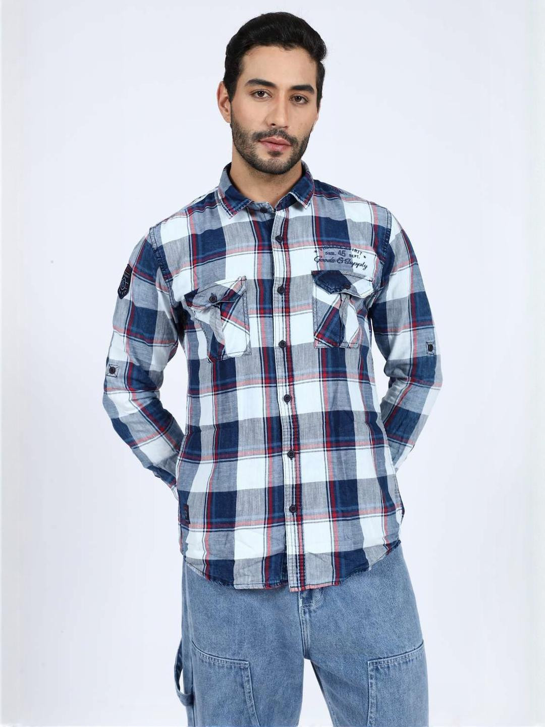 WOLF & CO. Men Relaxed Fit Buffalo Checked Spread Collar Cotton Casual Shirt