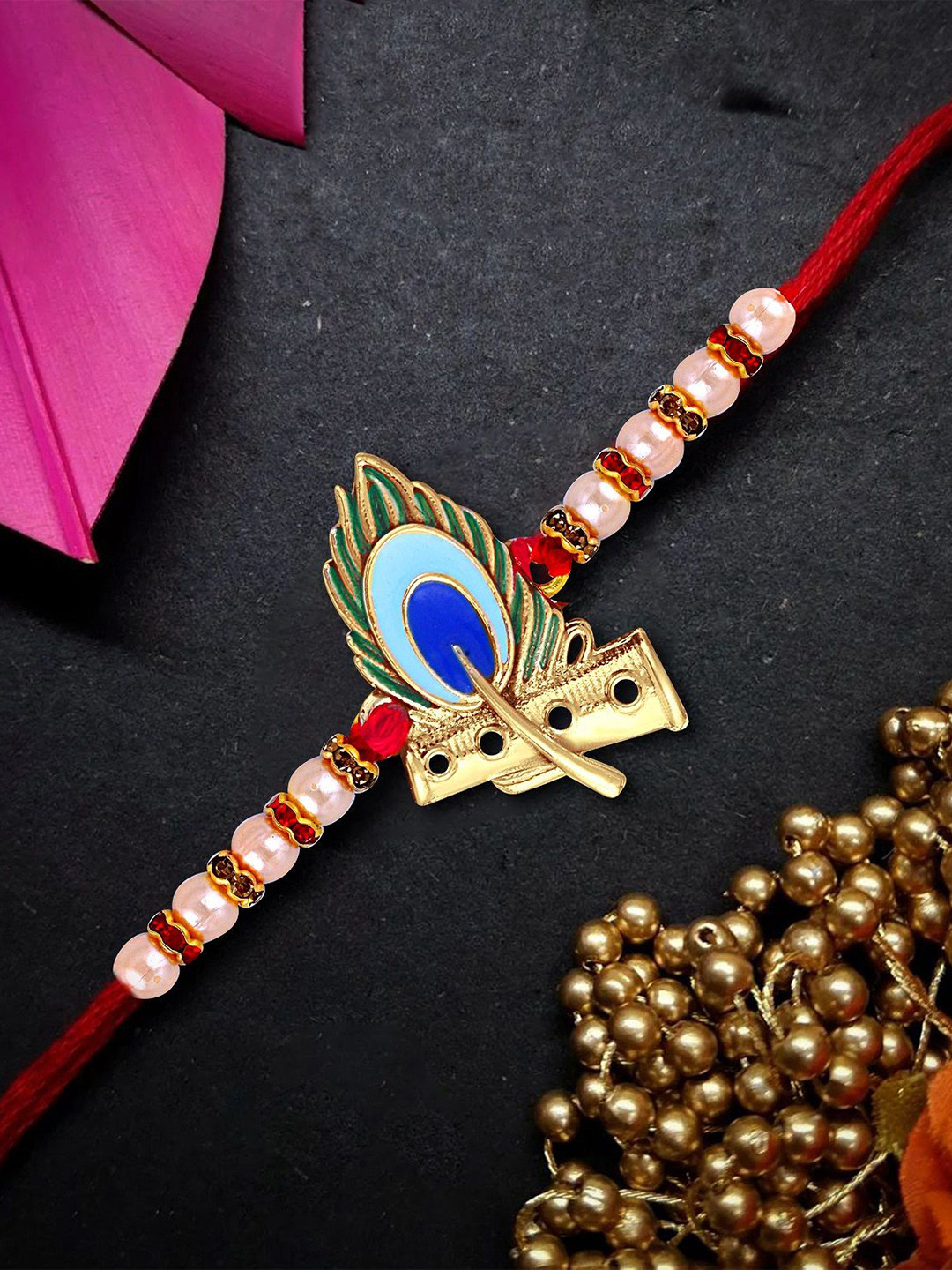 Vighnaharta Gold Plated Artificial Stones Studded & Beaded Mayur Pankh Thread Rakhi