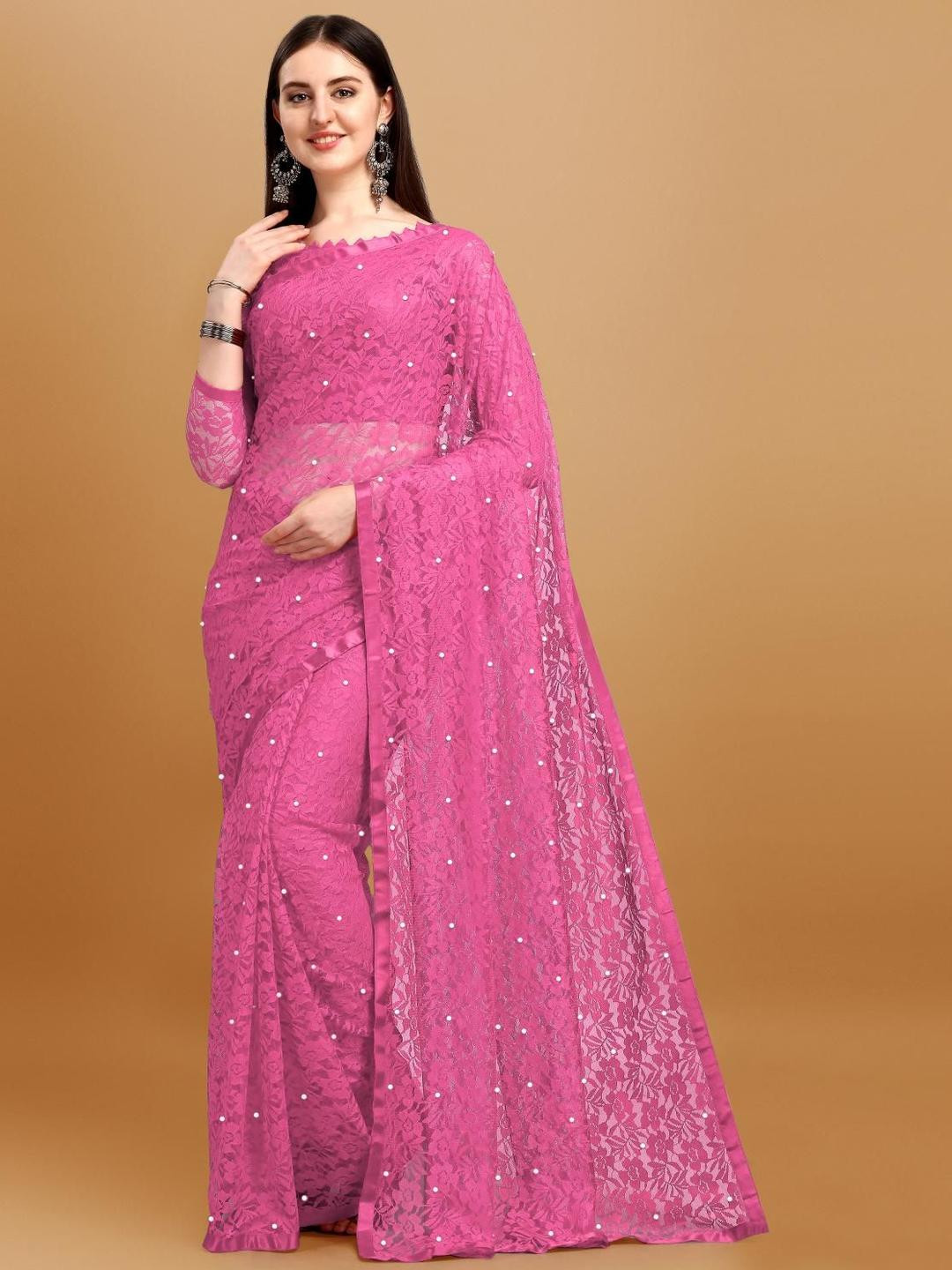 LOROFY Lightweight Beads and Stones Net Saree With Unstitched Blouse