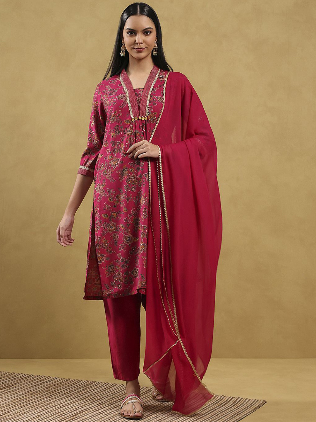 Rangriti Floral Printed Gotta Patti Square Neck Kurta With Salwar & Dupatta
