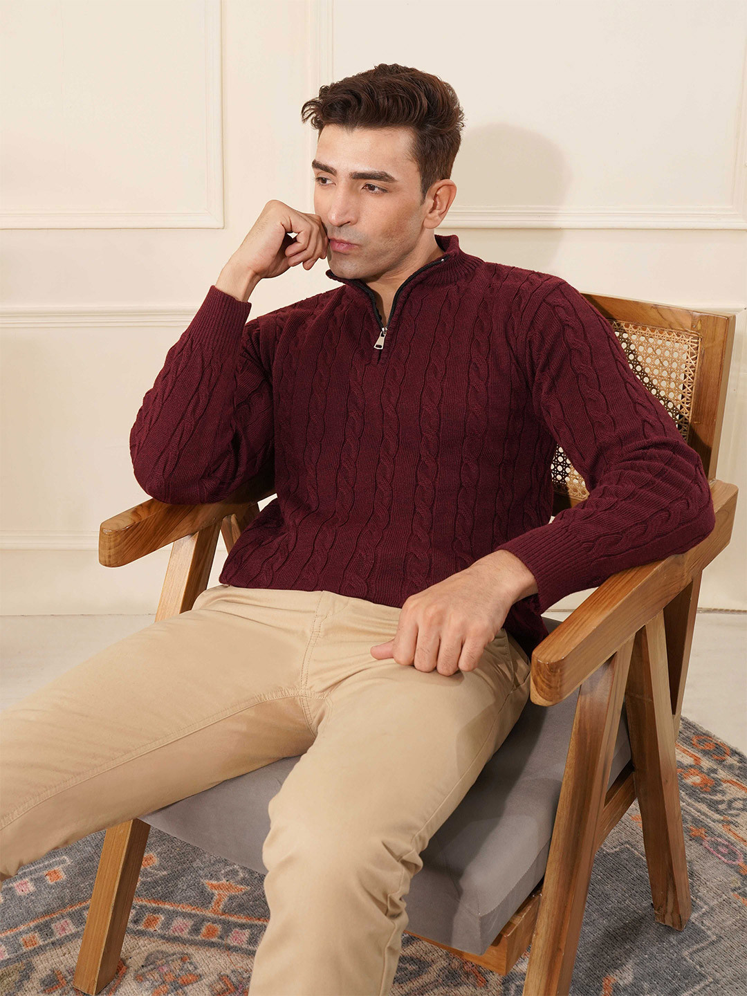 KVETOO Wool Cable Knit High Neck Zipper Sweater