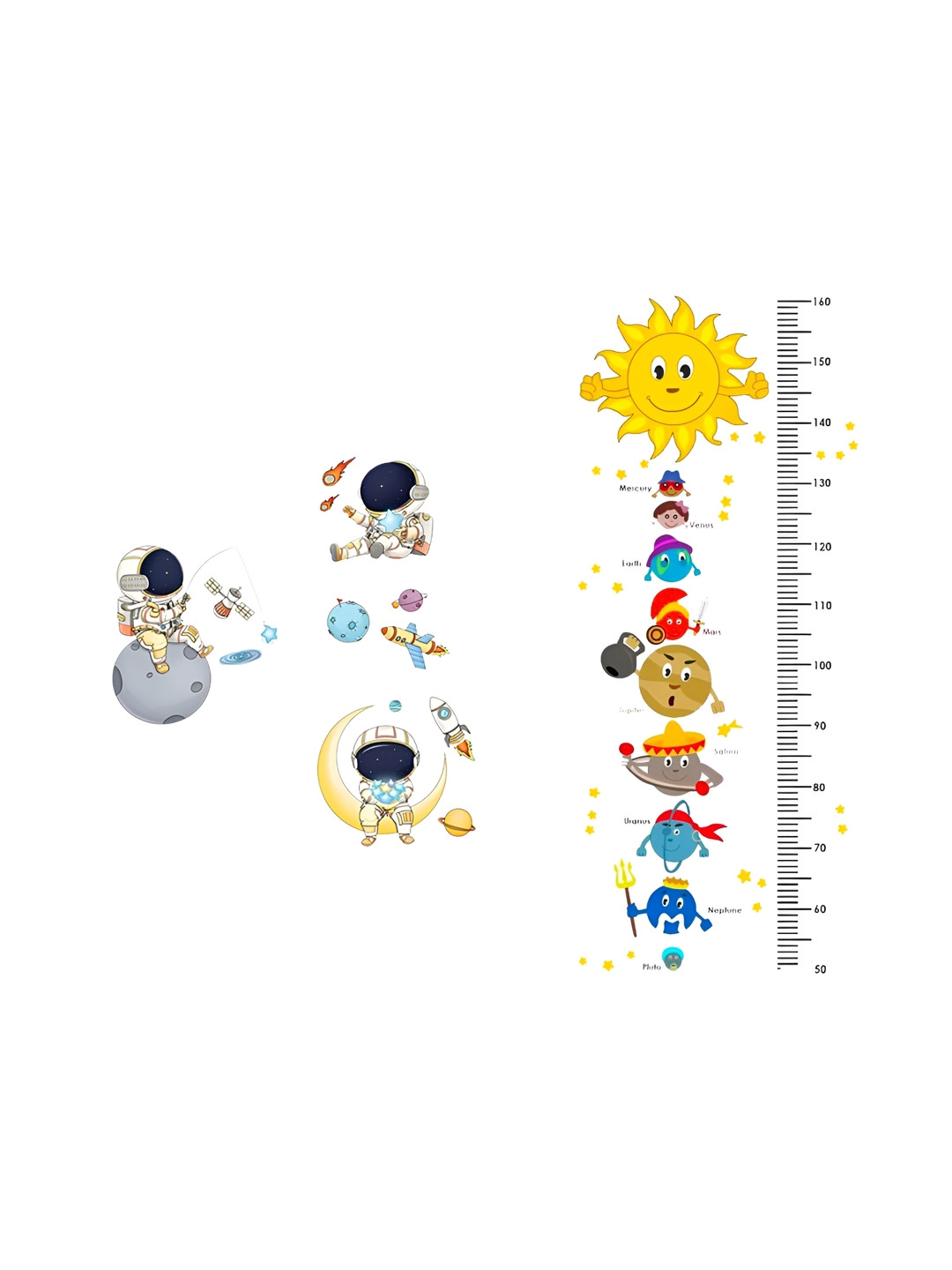 prettykrafts 2Pcs Grey & Green Height Measurement & Astronaut Wall Stickers