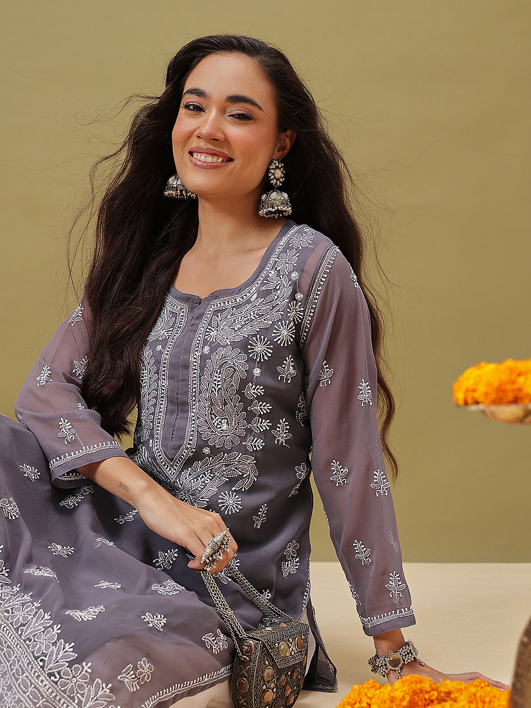 ADA Women Grey Ethnic Motifs Chikankari Handloom Georgette Kurta with Slip