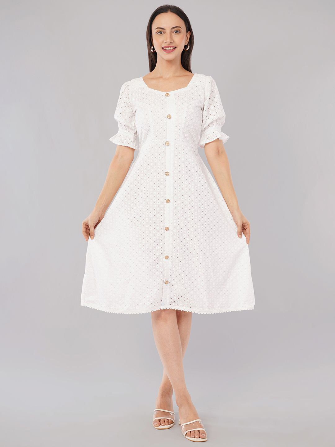 Mishy Women Scalping Flared Elastic Sleeve A-Line Midi Dress