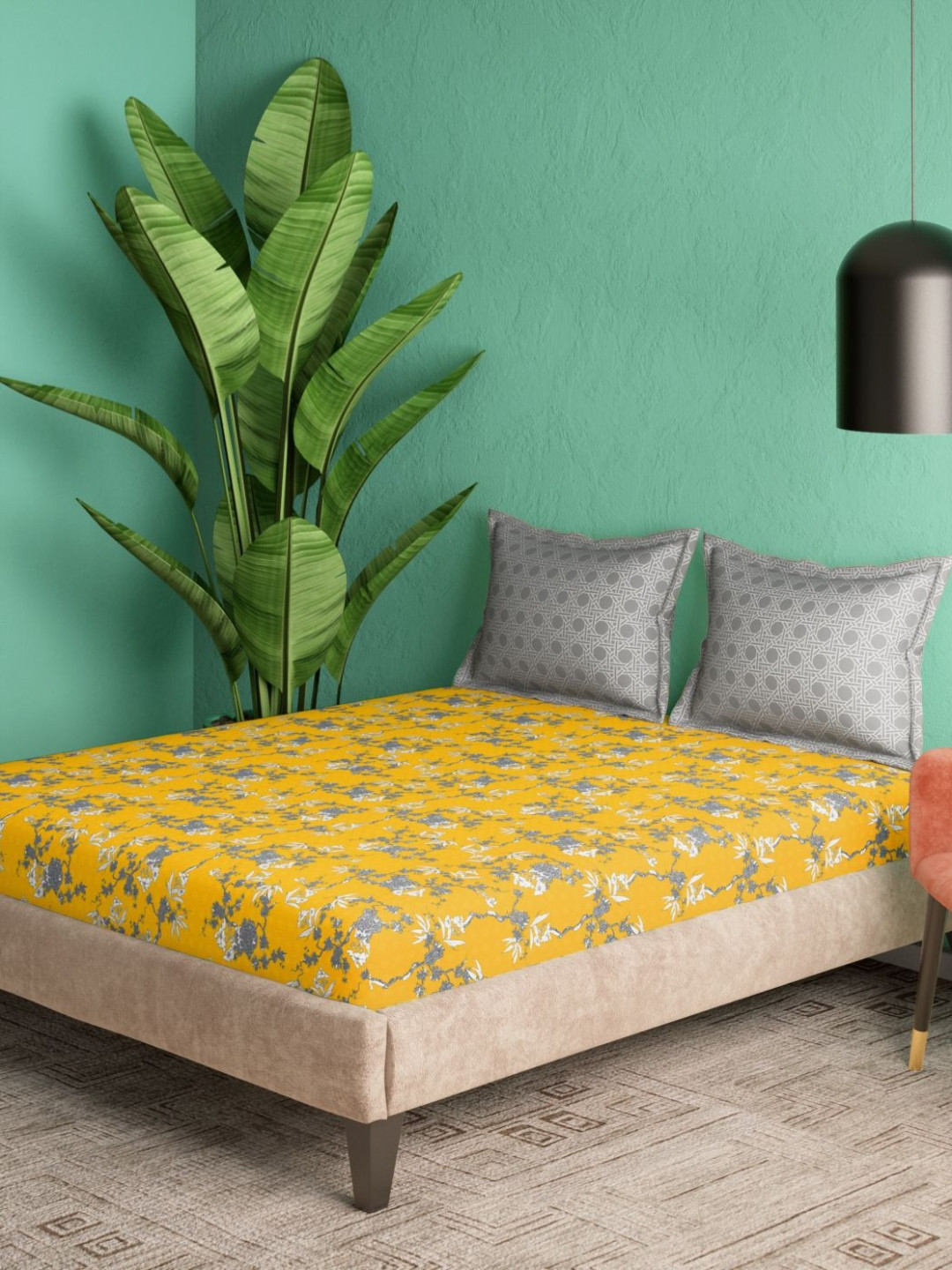 Portico Melodic Living Yellow Floral Cotton 152 TC Super King BedsheetSet-2.74 m X 2.74 m