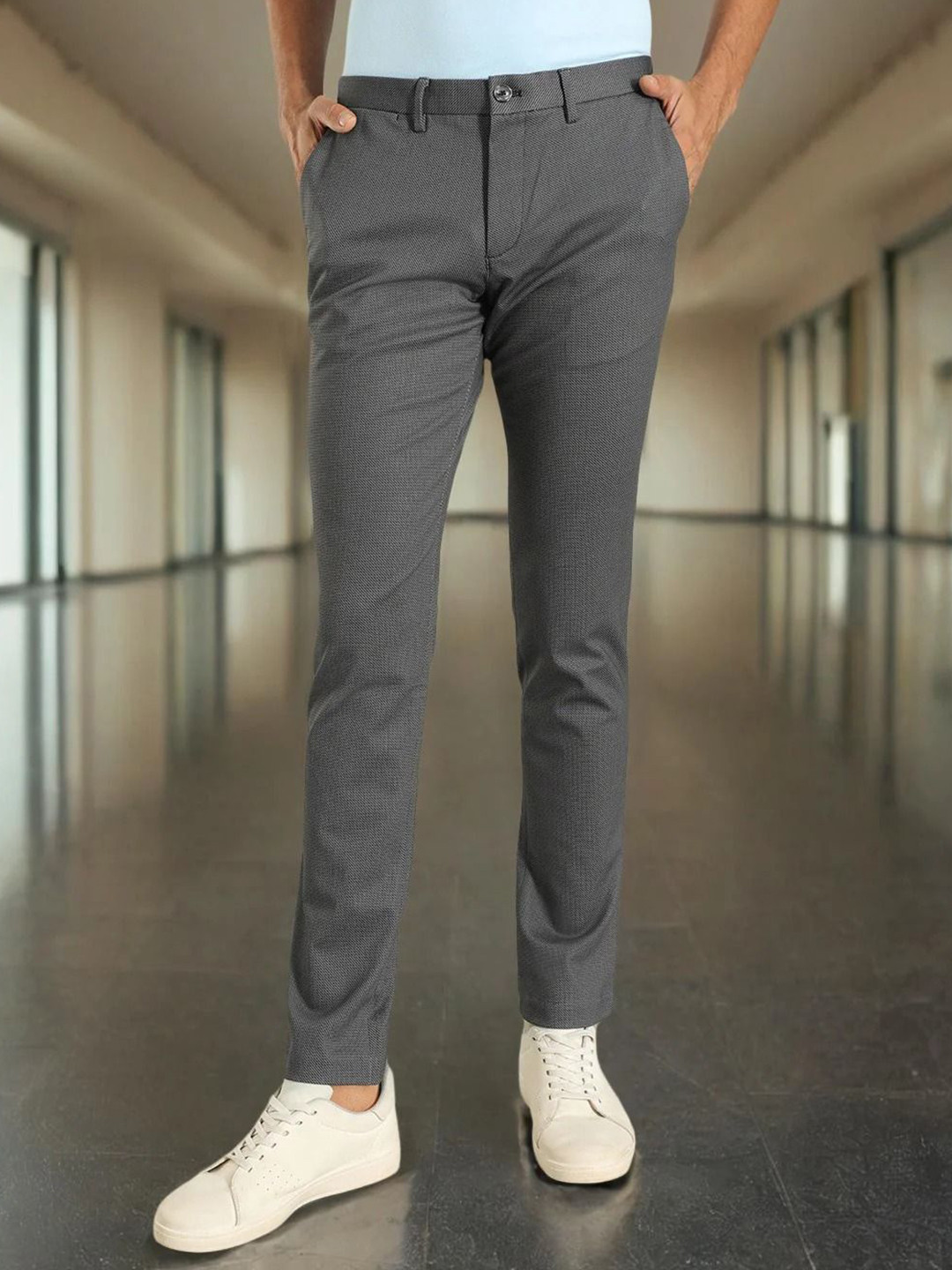 Indian Terrain Men Urban - C Mid-Rise Self Design Slim Fit Trousers