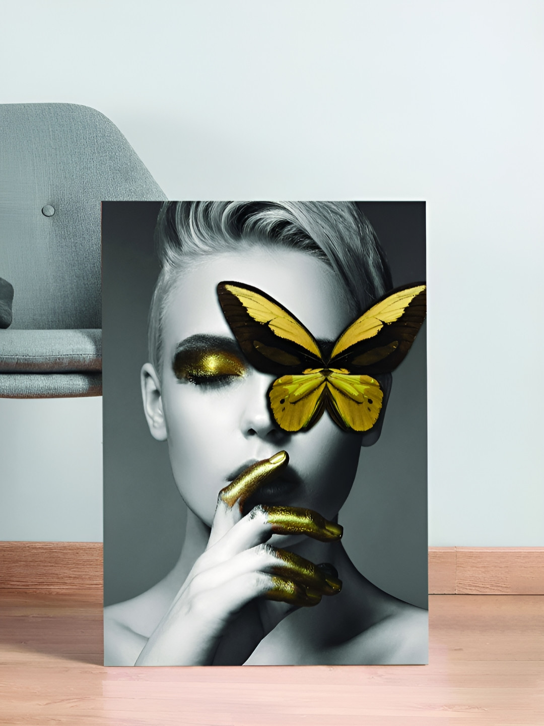 Myntra Elegant Homes MDF Panels Modern  Women with Gold Butterfly Wall Painting