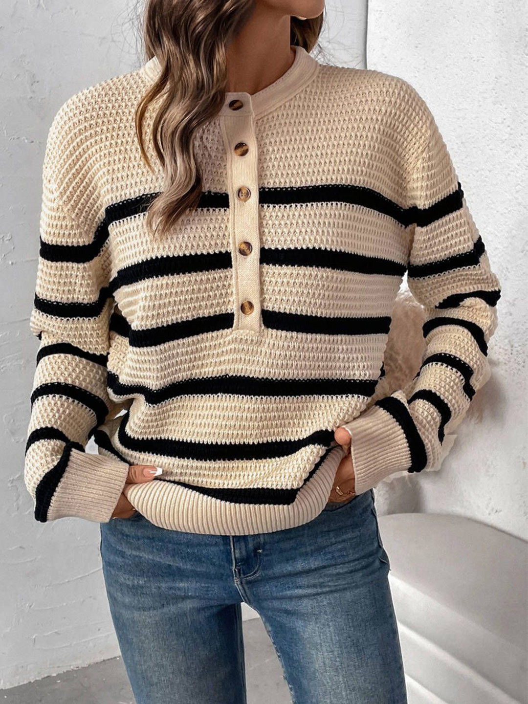 bebe Women Self Design Striped Hencly Neck Pullover