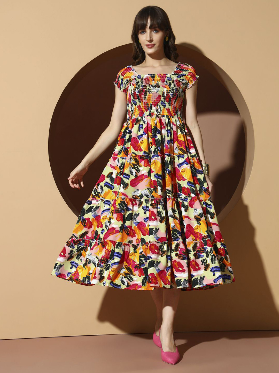 OTABU Women Panchi Floral Printed Puff Sleeve Fit & Flare Midi Dress