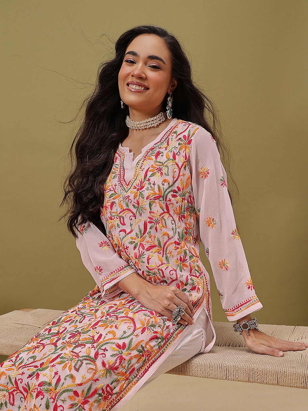 ADA Women Off-White & Mustard Yellow Chikankari Hand Embroidered Straight  Kurta With Slip