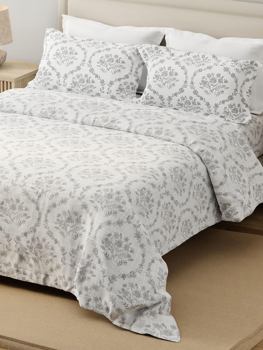 Layers Grey & White Floral Pure Cotton 120 TC Flat King Bedsheet Set - 2.74 L x 2.74 W m