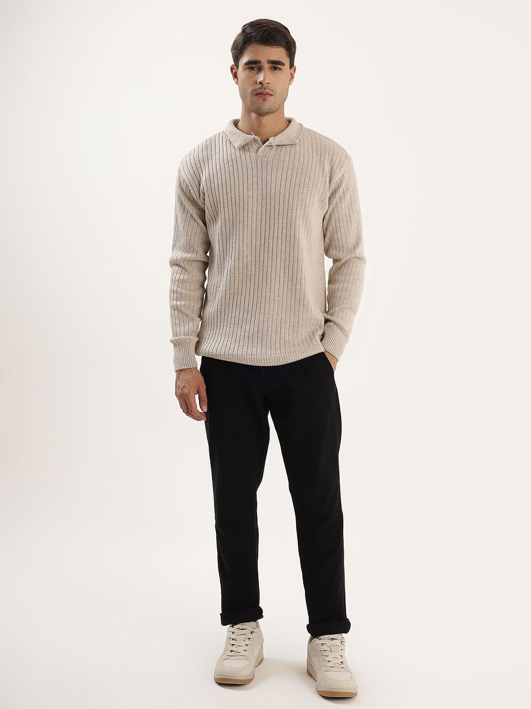 Kveto Style Redefined Collared Self Design Sweater