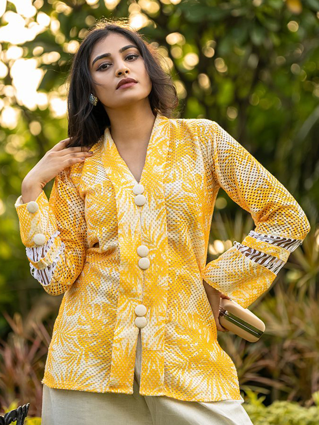 ZNKL Women Printed Shirt Collar Long Sleeve Crochet Cotton Top