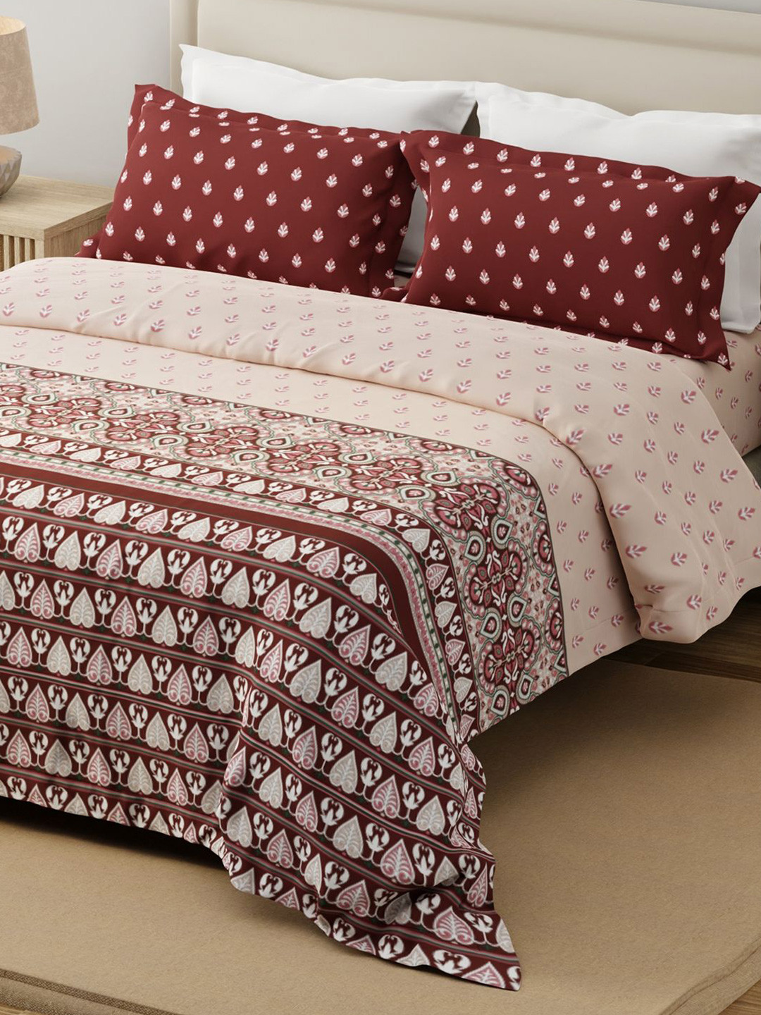 Layers Forever Red & White Floral Pure Cotton 120 TC Double King Bedsheet Set-2.74mx2.74m
