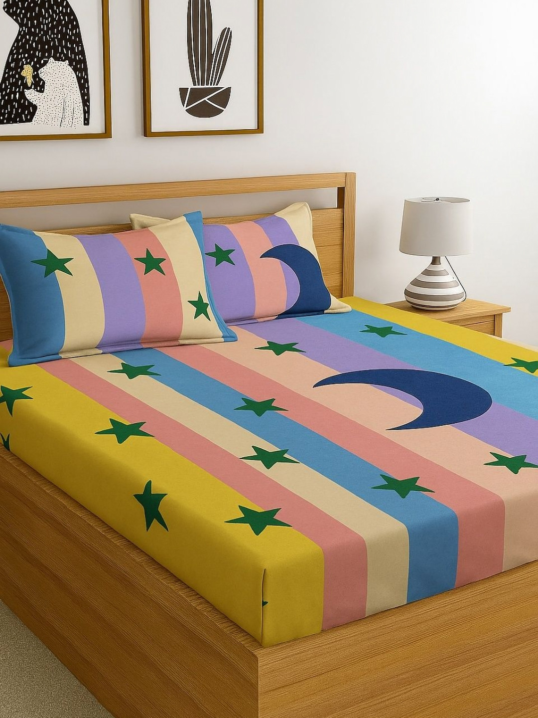 INDHOME LIFE Kids Blue & Pink Striped Cotton 220 TC King Bedsheet Set 1.98 m x 1.82 m