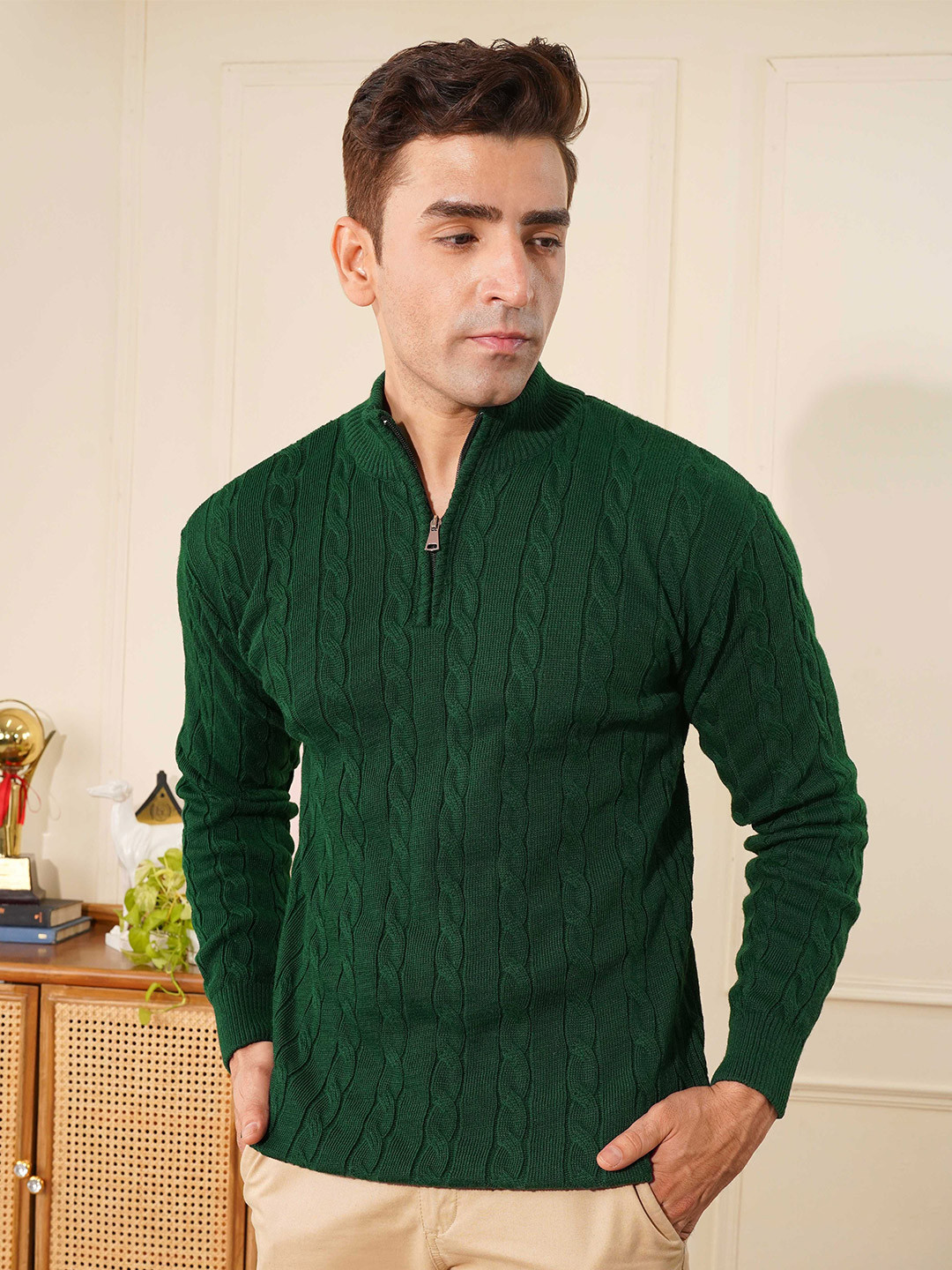 KVETOO Men Ribbed Cable Knit High Neck Pullover Sweaters