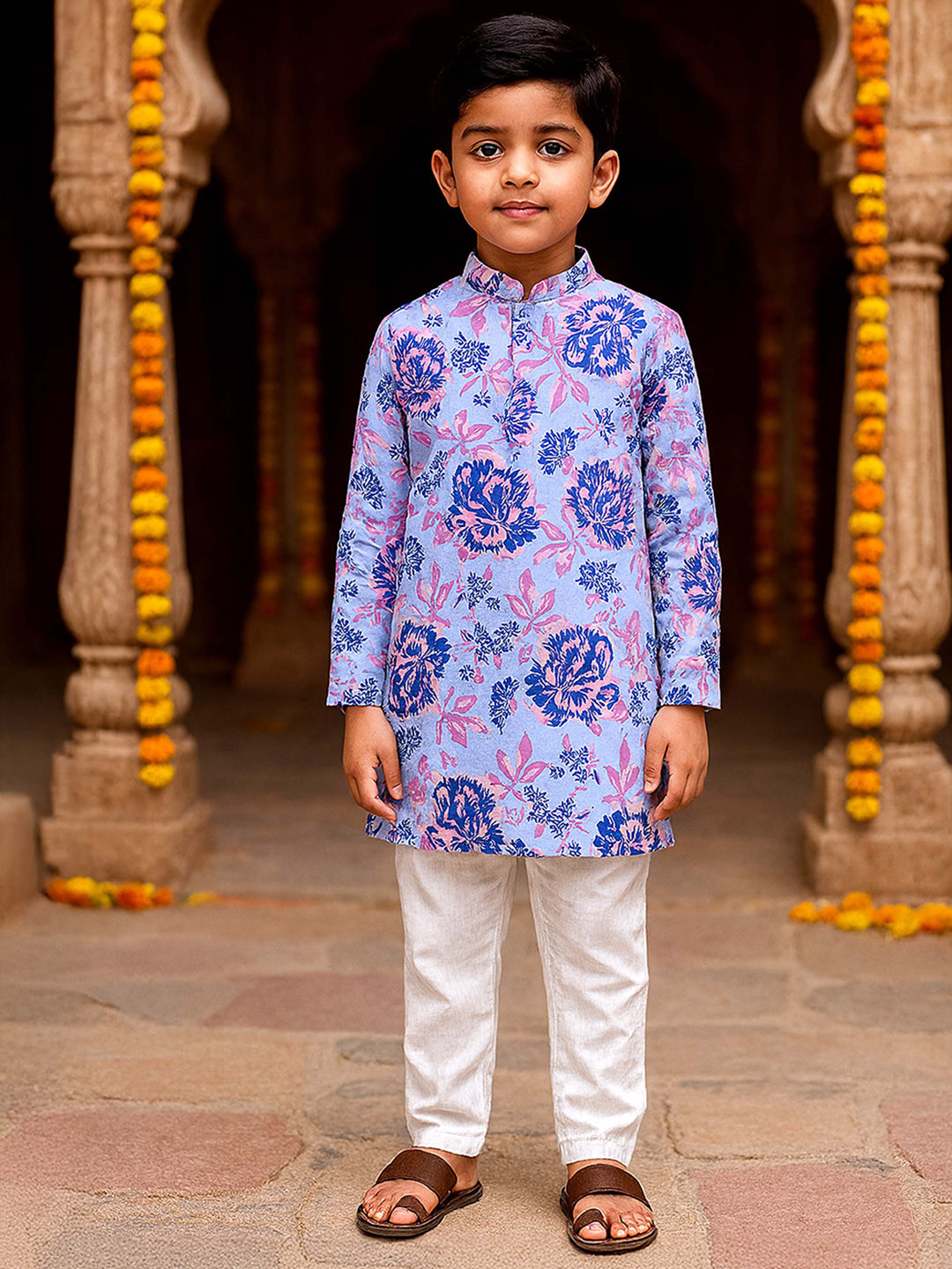 KiddoPanti Boys Floral Printed Cotton Kurta with Pyjama