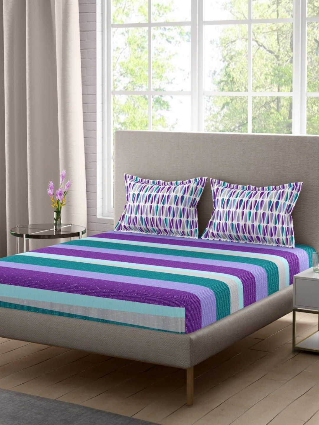 Portico Sparkling Spaces Purple Floral Cotton 144 TC Queen Bedsheet Set-2.24 m X 2.54 m