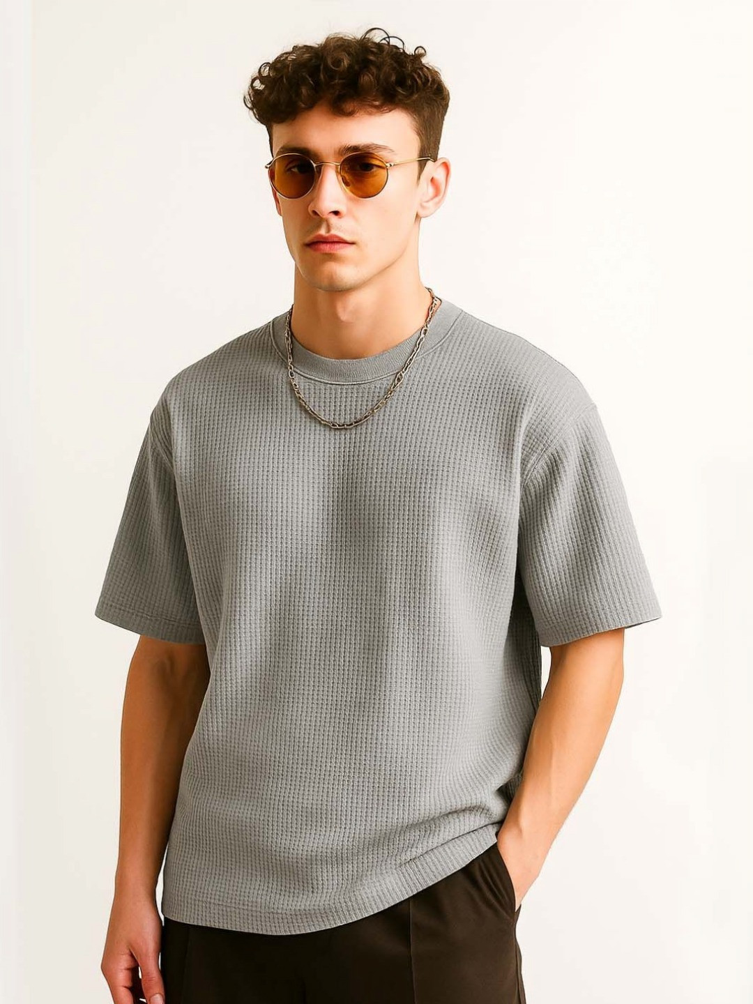 Grey Self Design Regular Fit Round Neck T-shirt