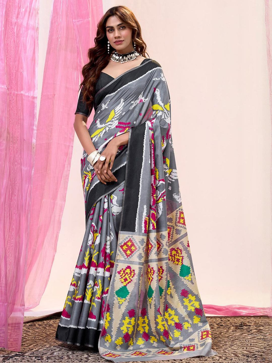 KALINI Kalamkari Printed Tussar Saree With Unstitched Blouse Piece