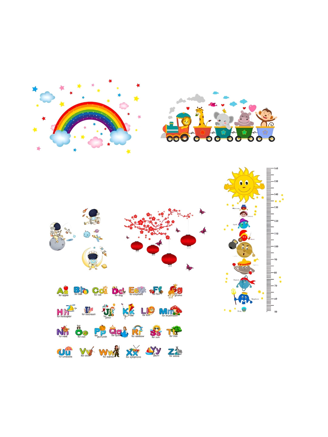 prettykrafts 6Pcs Yellow & Blue Alphabets Rainbow Animals On Train Height Wall Stickers
