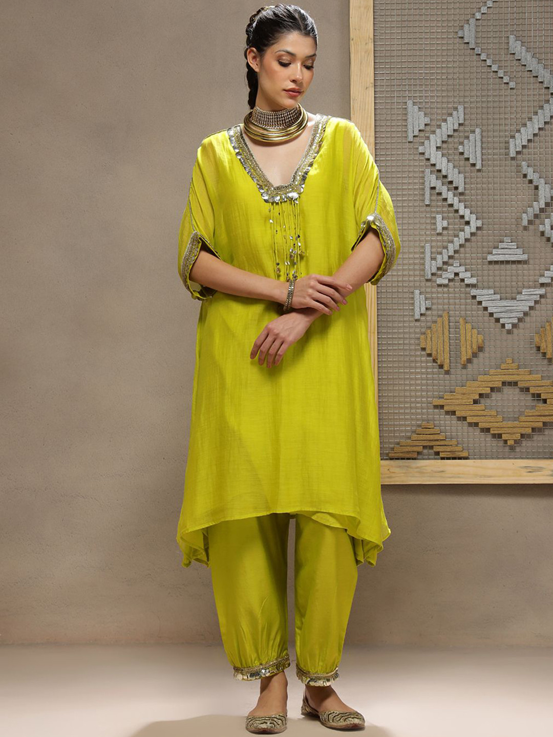 Kyra Floral Yoke Design V-Neck High-Low A-Line Fusion Kurta With Patiala