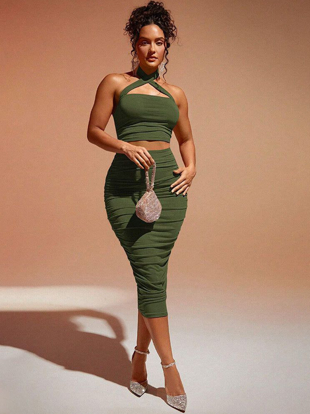 Outzidr Ruched Cross-Over Halter-Neck Crop-Top With Midi Skirt Co-Ords