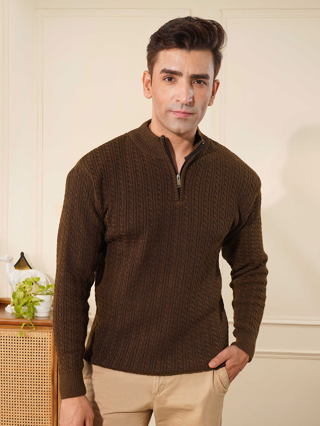 Kvetoo  Men Wool Cable Knit High Neck Zipper Sweater