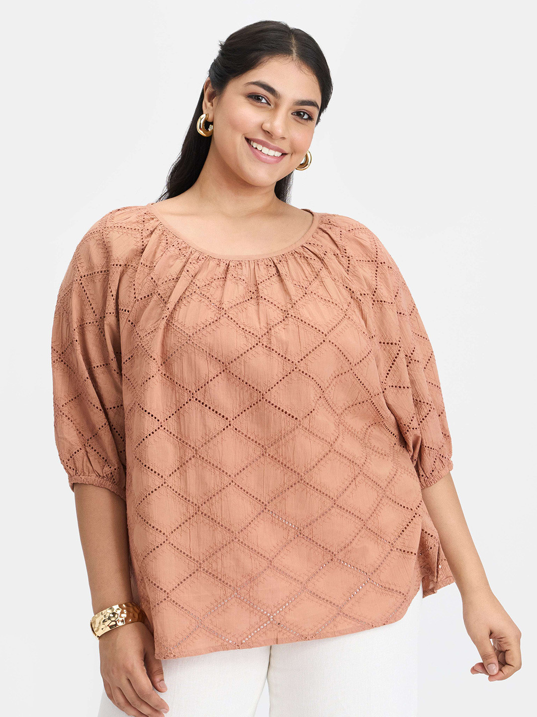 Virgio Plus Size Women Geometric Embroidered Round Neck Puff Sleeve Pure Cotton Plus Size Top