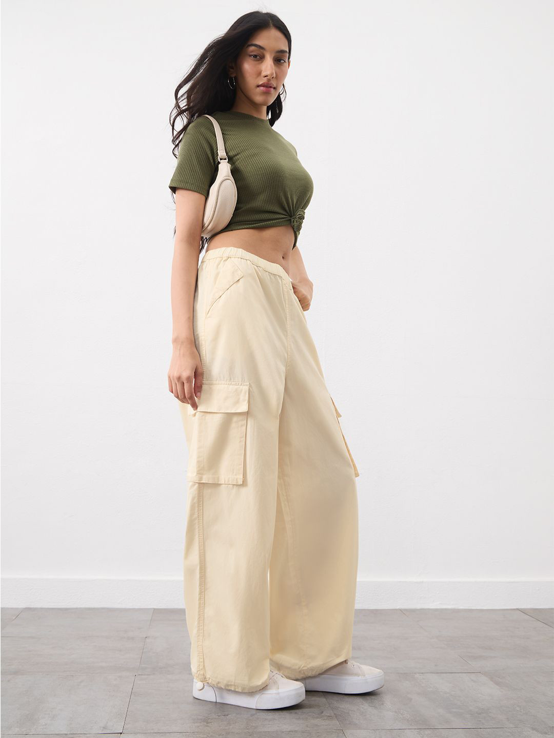 The Souled Store  Women Parachute Pants: Beige Beige Baggy Fit Cargo Pants