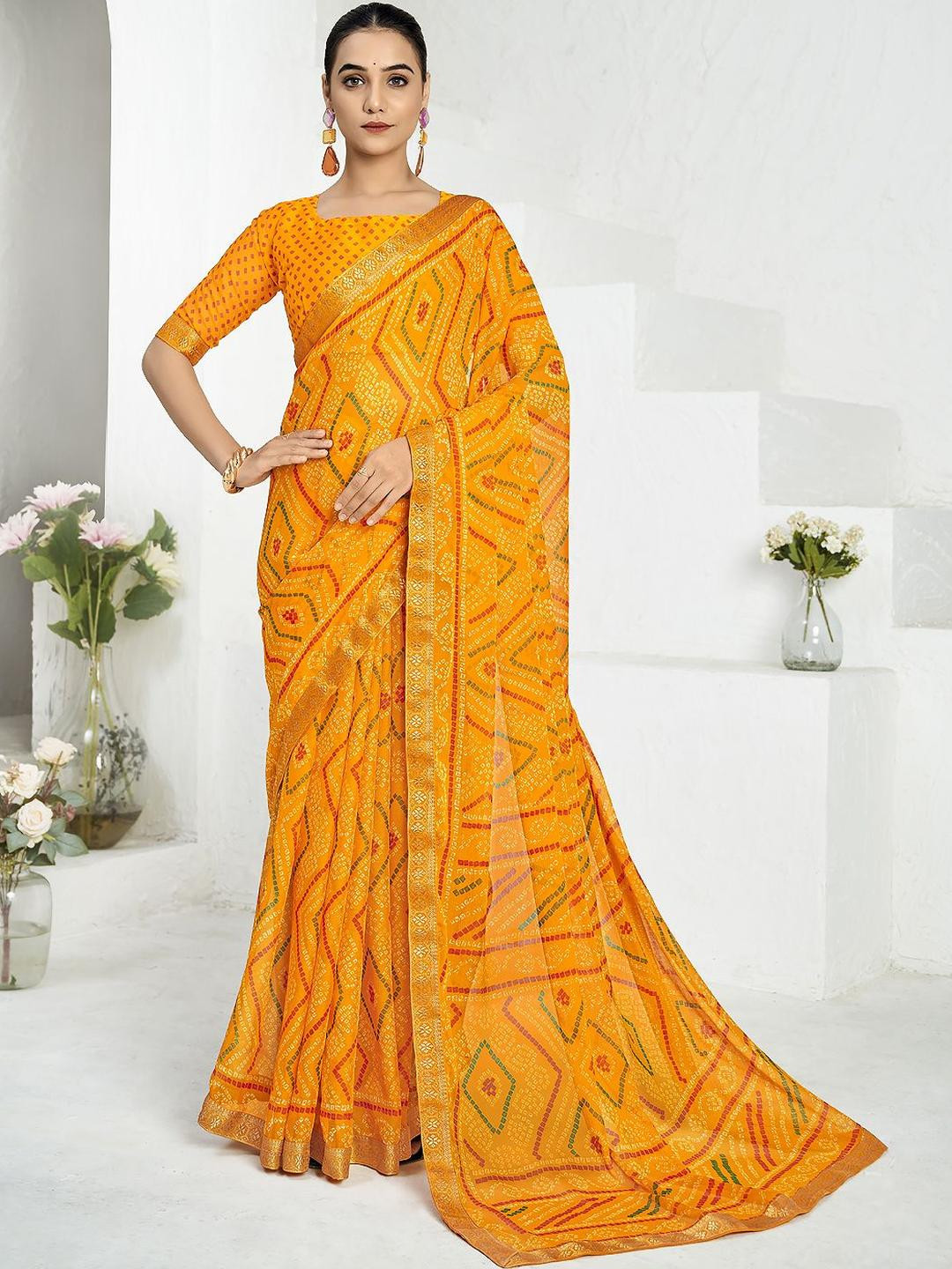 KALINI Bandhani Printed Chiffon Saree with Zari Woven Design Lace & Matching Blouse Piece