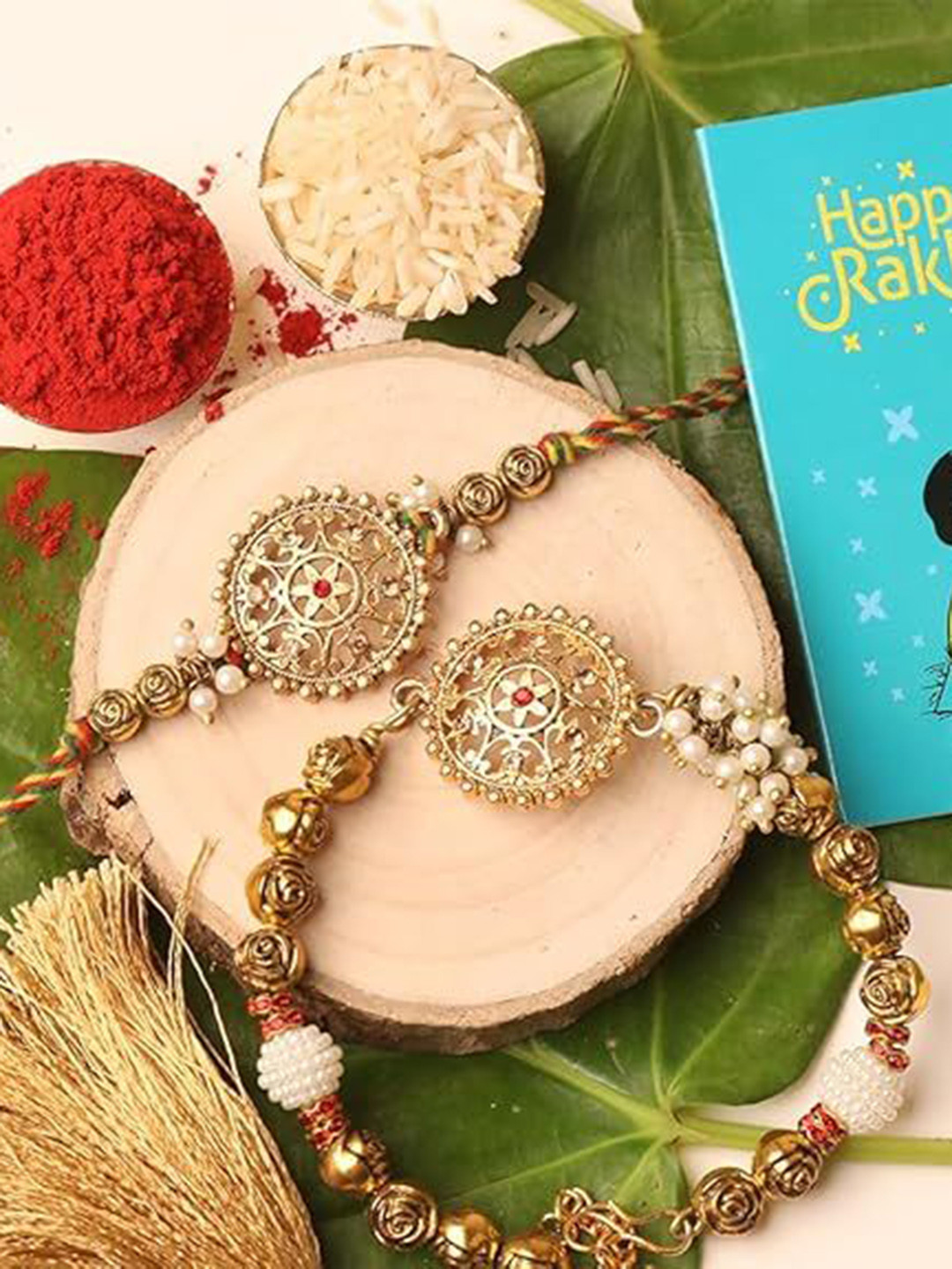 Kaameri Bazaar Set Of 2 Brother Rakhi With Greeting Card & Roli Chawal