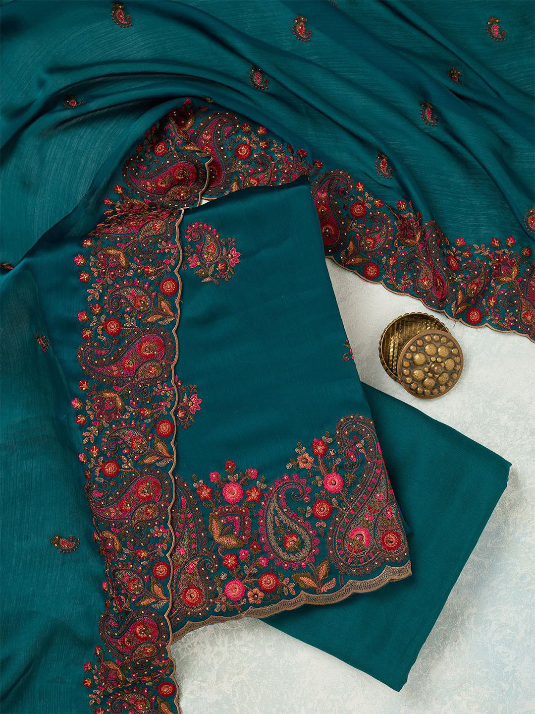 Koskii Ethnic Motifs Embroidered Kashmiri Unstitched Dress Material