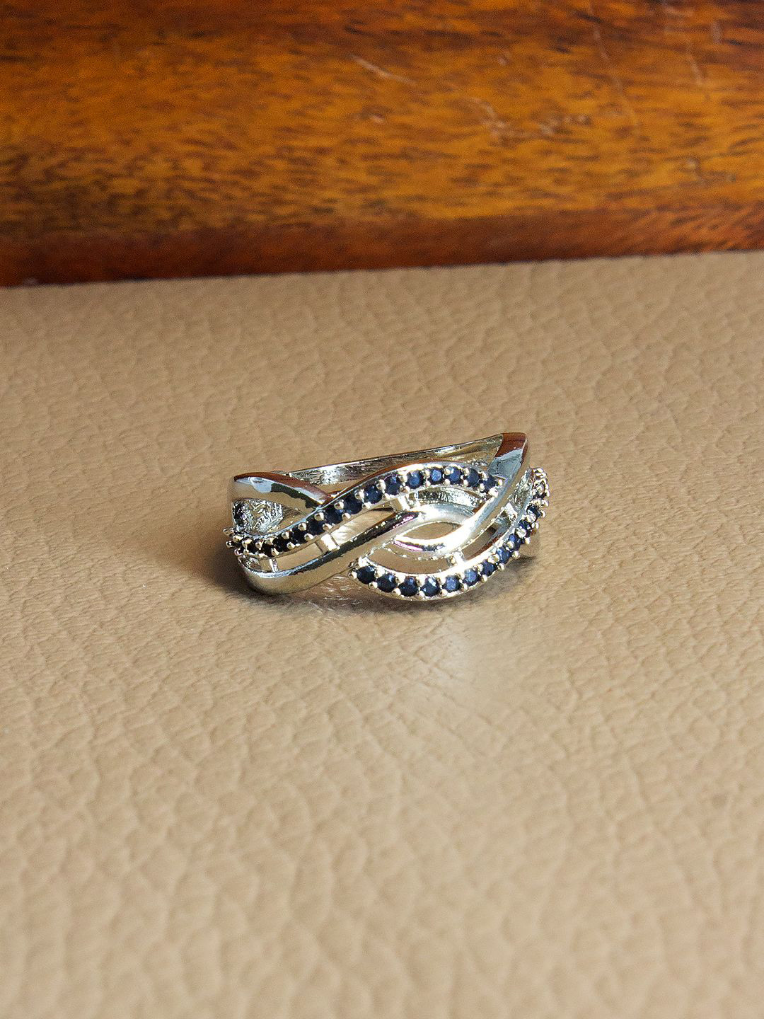 PRIVIU Silver-Plated American Diamond Studded Minimal Adjustable Band Finger Ring