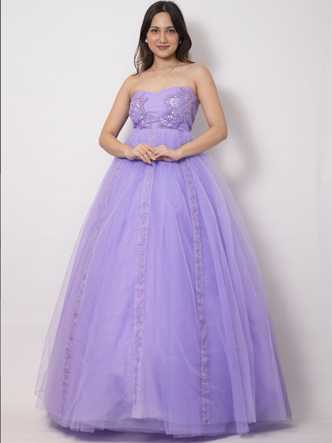 TAILORMADE CLOTHING Sequined Embellished Lace-Up Detailed Tulle Bandeau Gown Maxi Dress