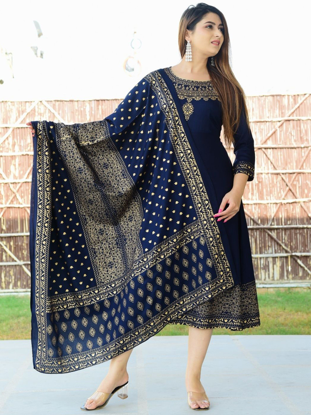 SIPET Printed A-Line Ethnic Dresses With Dupatta
