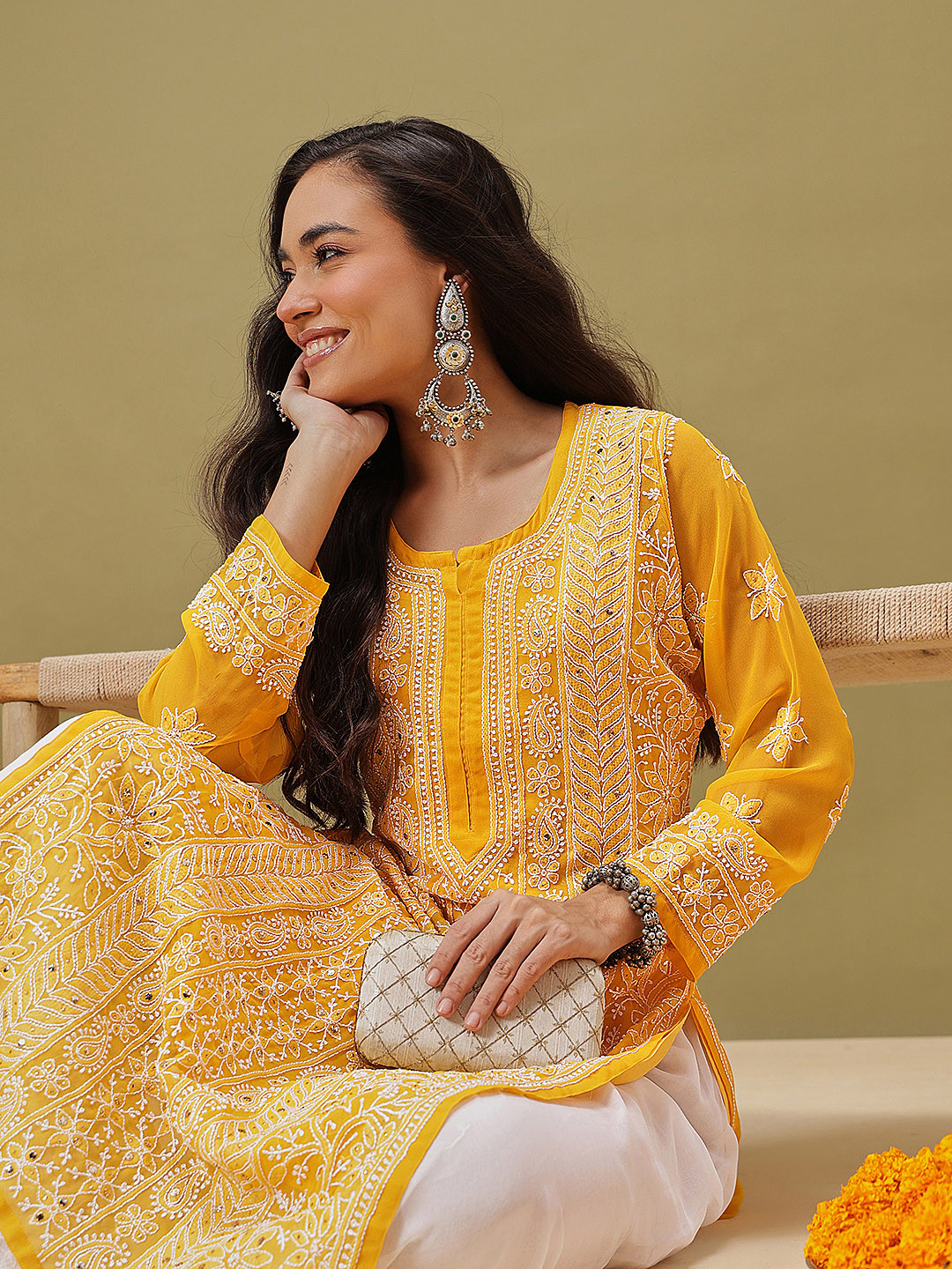 ADA Women Mustard Yellow & White Hand Embroidered Chikankari Handloom Kurta With Matching Slip